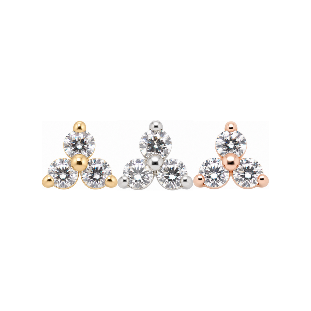 Trinity cz Threadless End 14k AuAdore — Yellow, White, and Rose Gold comparison