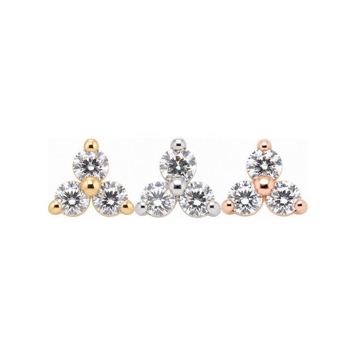 Trinity cz Threadless End 14k AuAdore — Yellow, White, and Rose Gold comparison