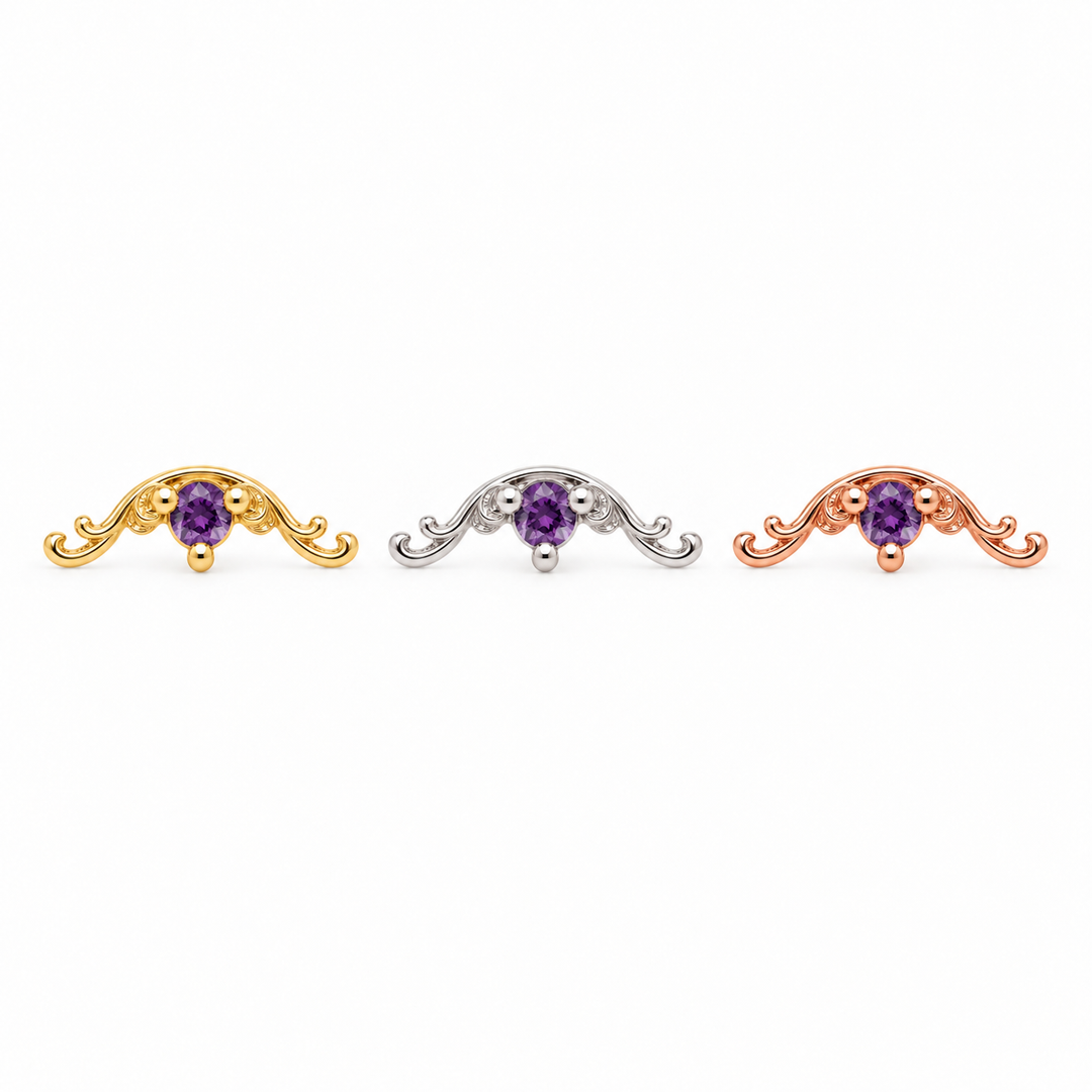 AuAdore Bishop Amethyst threadless ends in yellow, white and rose gold, left to right