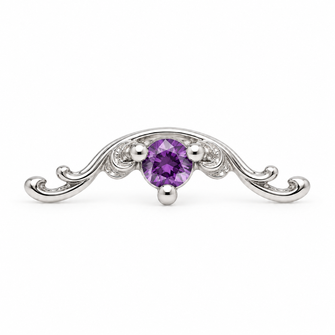 AuAdore Bishop Amethyst threadless end in 14k white gold, 10mm x 3mm with 2mm round amethyst