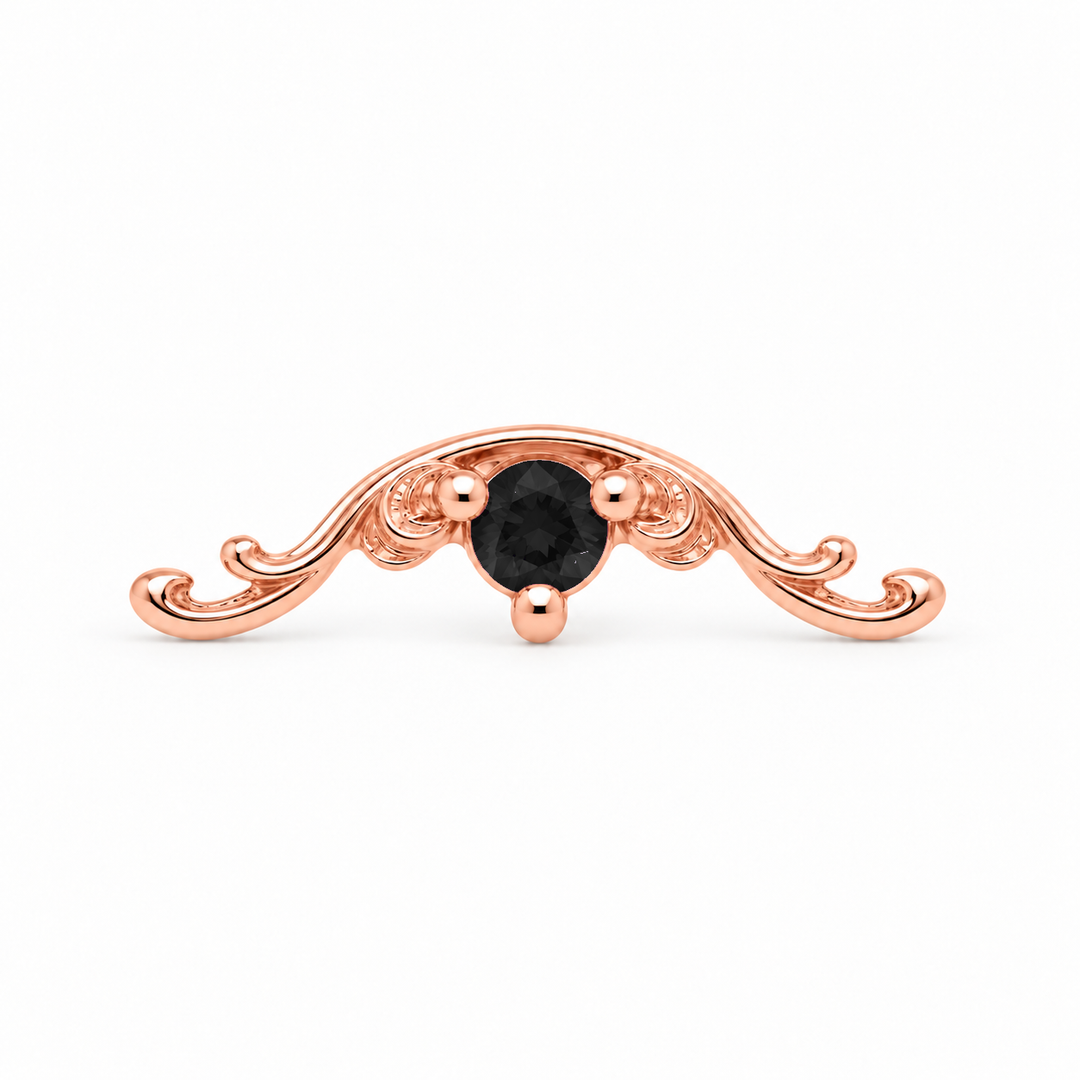 AuAdore Bishop Black Diamond threadless end in 14k rose gold using the exact approved Bishop master with an opaque black 2mm center stone