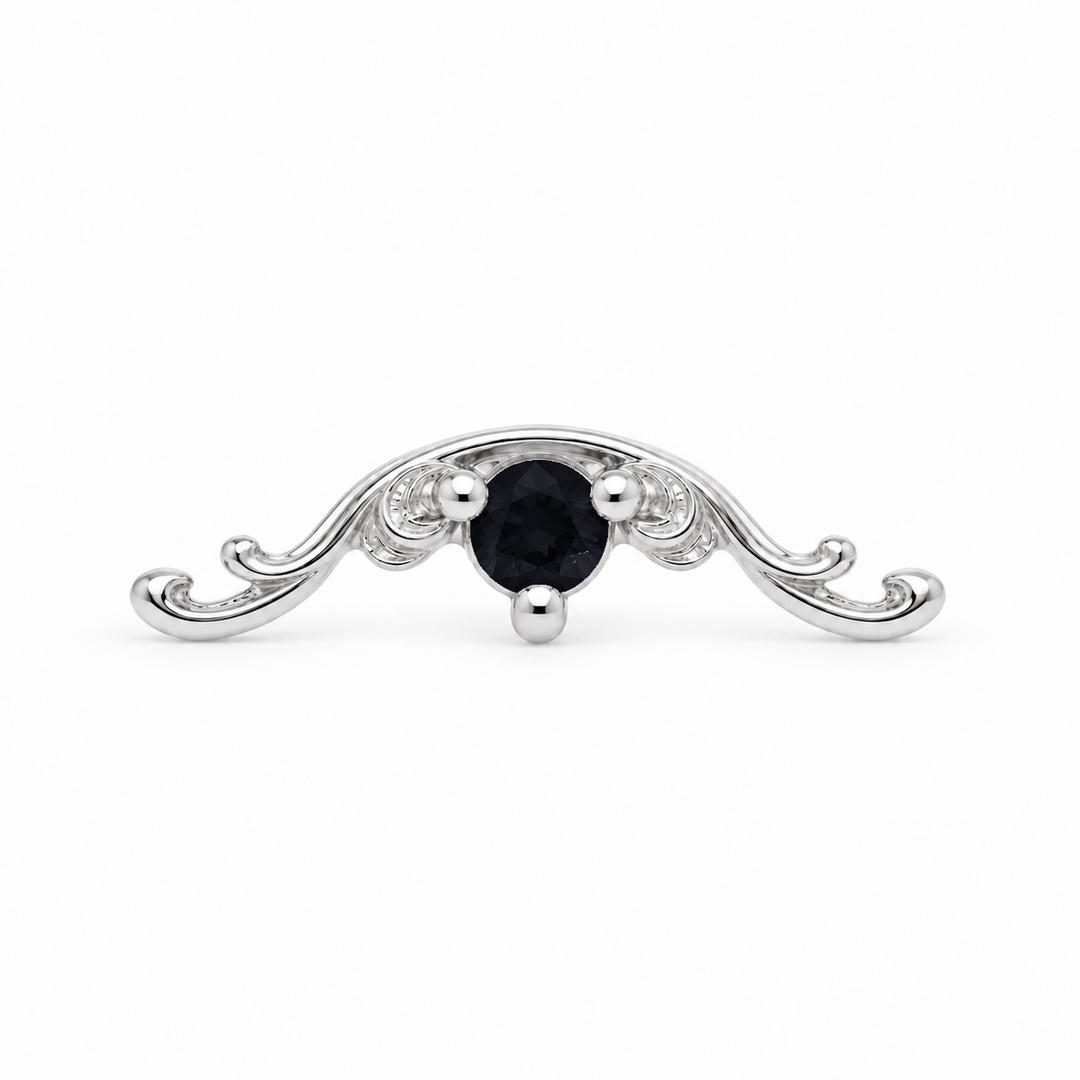 AuAdore Bishop Black Sapphire threadless end in 14k white gold using the exact approved Bishop master with an opaque black 2mm center stone