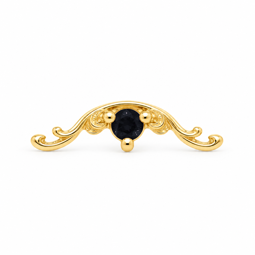 AuAdore Bishop Black Sapphire threadless end in 14k yellow gold using the exact approved Bishop master with an opaque black 2mm center stone
