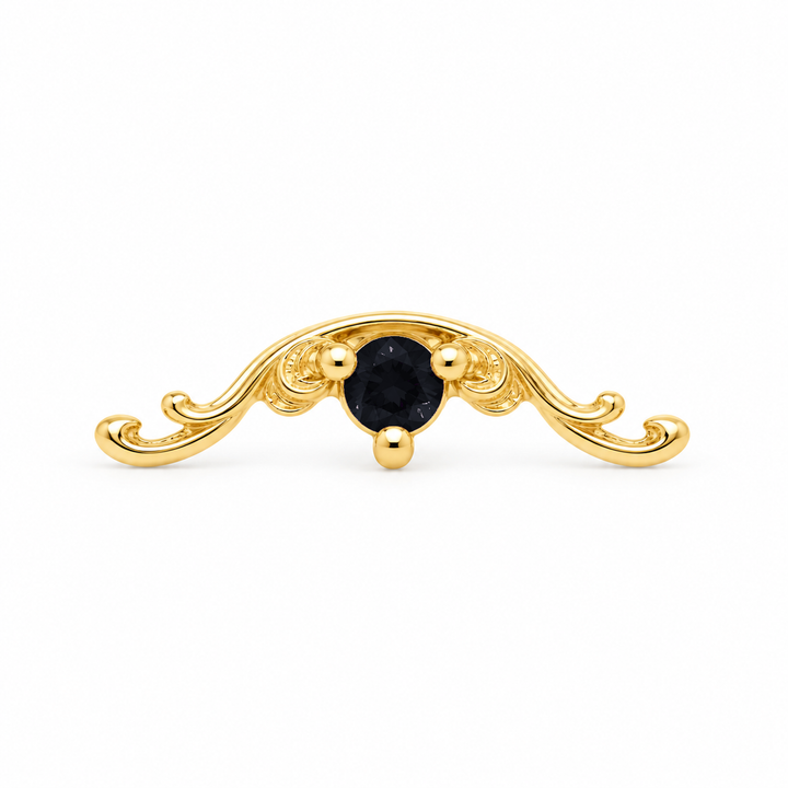 AuAdore Bishop Black Sapphire threadless end in 14k yellow gold using the exact approved Bishop master with an opaque black 2mm center stone