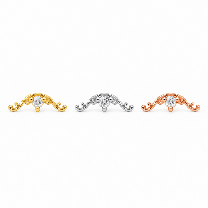 AuAdore Bishop CZ threadless ends in yellow, white and rose gold, left to right