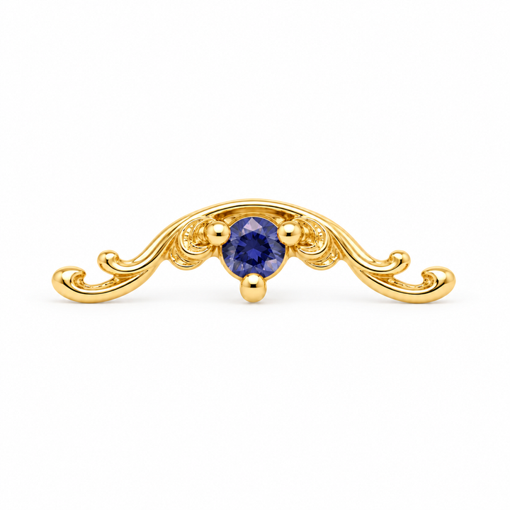 AuAdore Bishop Lab Blue Sapphire threadless end in 14k yellow gold, approved Bishop master geometry with 2mm lab blue sapphire