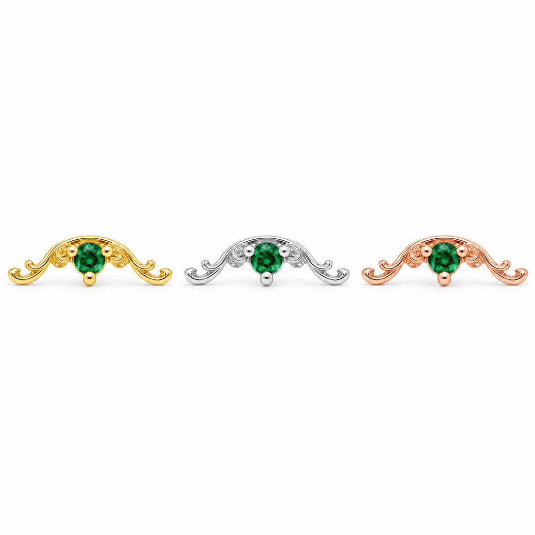 AuAdore Bishop Lab Emerald threadless ends in yellow, white and rose gold using the exact approved Bishop master