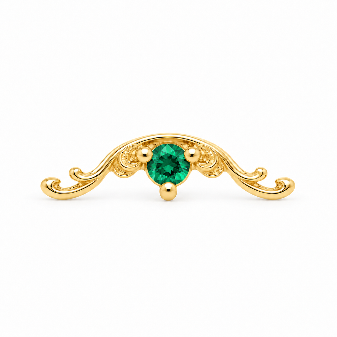AuAdore Bishop Lab Emerald threadless end in 14k yellow gold, exact approved Bishop master geometry with 2mm lab emerald