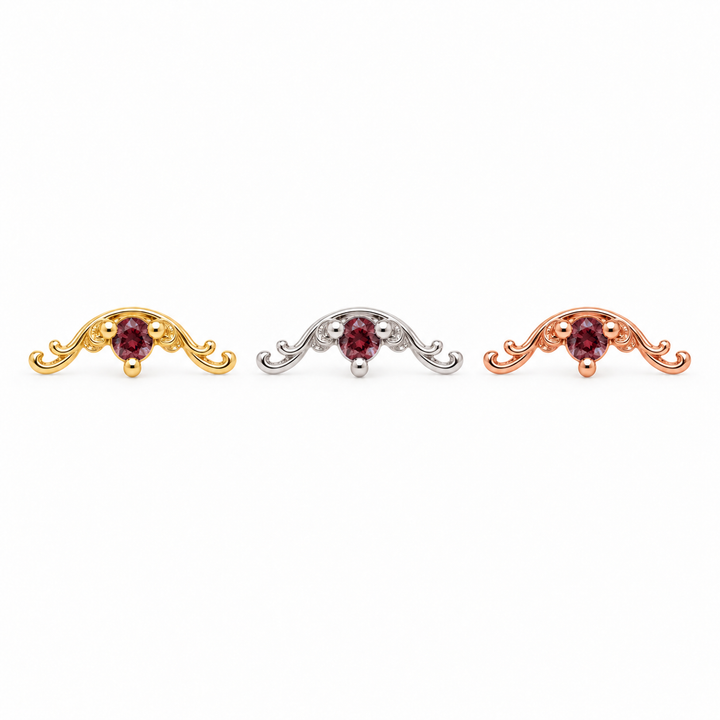 AuAdore Bishop Lab Ruby threadless ends in yellow, white and rose gold using approved Bishop master geometry