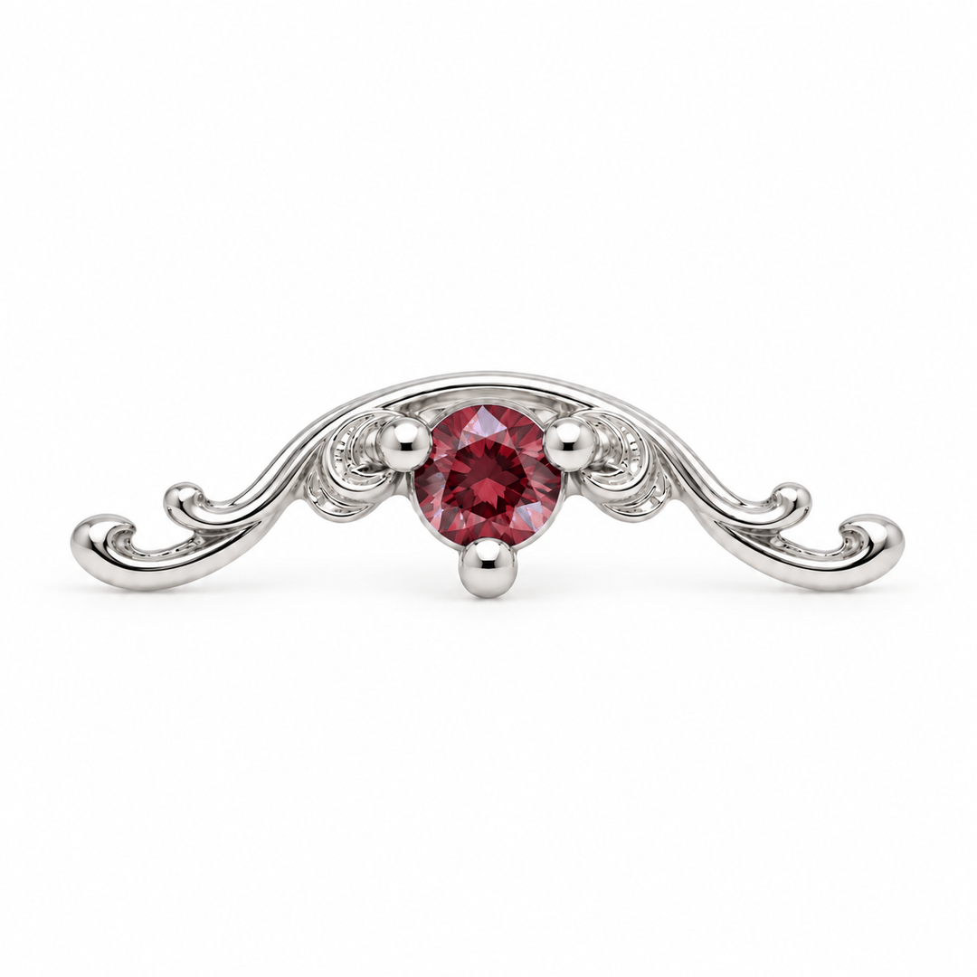 AuAdore Bishop Lab Ruby threadless end in 14k white gold, approved Bishop master geometry with 2mm lab ruby