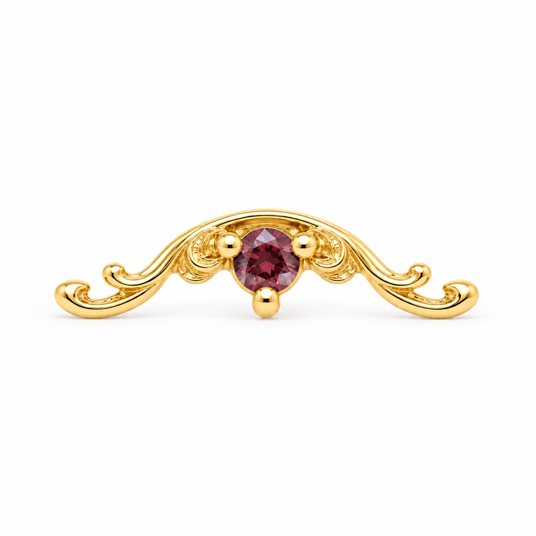 AuAdore Bishop Lab Ruby threadless end in 14k yellow gold, approved Bishop master geometry with 2mm lab ruby