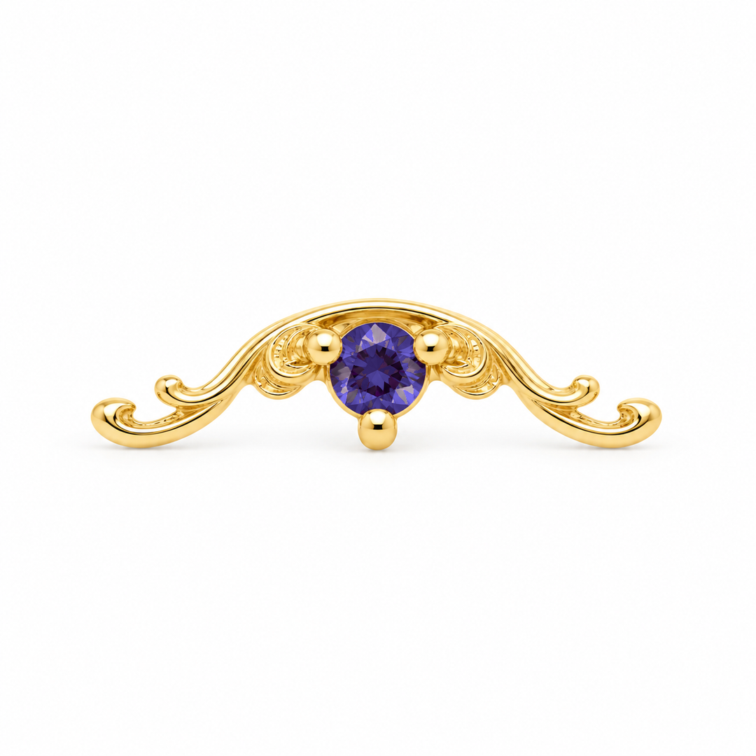 AuAdore Bishop Tanzanite threadless end in 14k yellow gold, exact approved Bishop master geometry with 2mm tanzanite