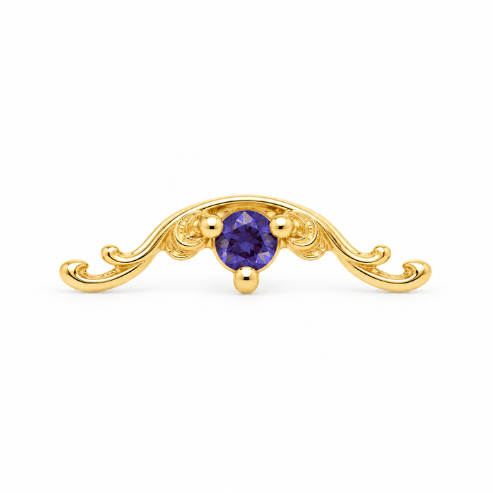 AuAdore Bishop Tanzanite threadless end in 14k yellow gold, exact approved Bishop master geometry with 2mm tanzanite