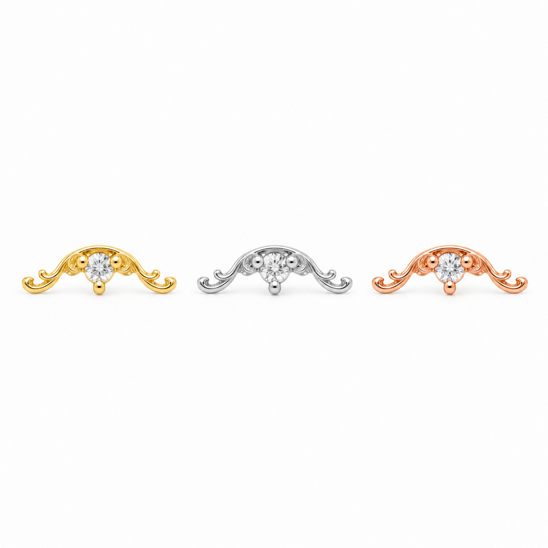 AuAdore Bishop Lab White Sapphire ends in yellow, white and rose gold, left to right