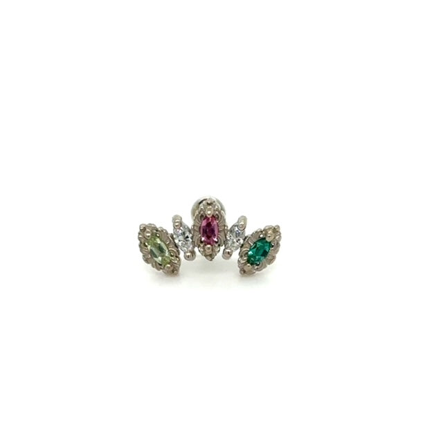 Monarchy Peridot (L)/Pink Tourmaline (C)/Lab Emerald (R)/Diamond Threaded End Auadore 14k