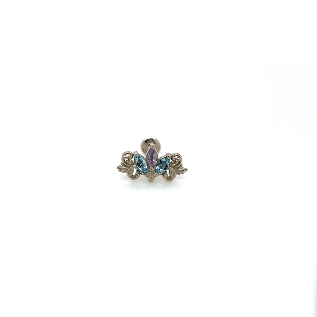 Redemption Swiss Blue Topaz (L/R) and Lab Alexandrite (C) 16g Threaded End Auadore 14k